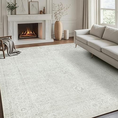 Srugn Washable Rugs 5x7 Area Rugs for Living Room,Bedroom,Large Carpets,Ultra Soft Faux Wool Retro Dining Room Rug,Non Slip&Non-Shedding Low Pile Vintage Rugs for Home Office,Concrete Grey - Image 1