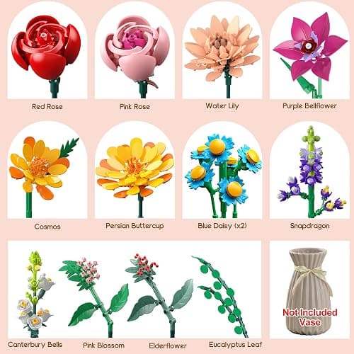Anvure Flowers Bouquet Building Set, 887 Pcs with Flower Artificial Roses for Home Office Decoration, Gift for Mother's Day, Valentine's Day and Kids 6+/Adults Birthday thumbnail 4