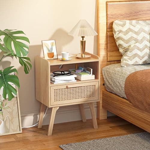 Lerliuo Rattan Nightstands Set of 2 with Charging Station, Boho Night Stand | Handmade Natural Rattan Drawer and Open Shelf, Side End Tables with Solid Wood Legs for Bedroom, Dorm, Small Spaces thumbnail 4