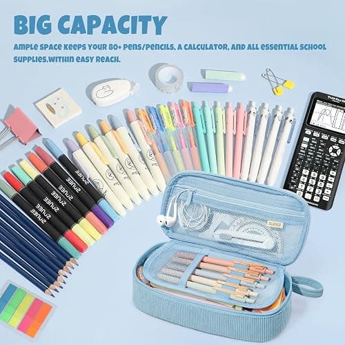 SUNEE Cute Pencil Case, Large Capacity Pencil Pouch Aesthetic Zipper Pencil Bag, Big Storage Pen Organizer for Stationery, Soft Corduroy Pencil Box Back to School Supplies for Teen Girls Boys, Blue thumbnail 3