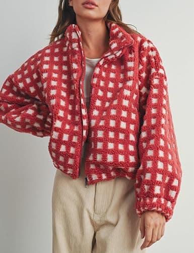 Esmeling Women’s Long Sleeve Cropped Sherpa Fleece Plaid Jacket Casual Chunky Teddy Fleece Outerwear thumbnail 2