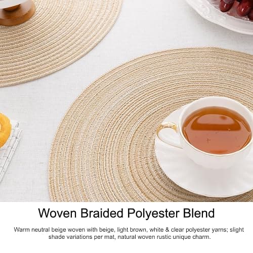 SHACOS Round Braided Placemats Set of 4 Washable Place Mats for Dining Tables 15 inch Non Slip Kitchen Table Mats (Beige, 4) thumbnail 2