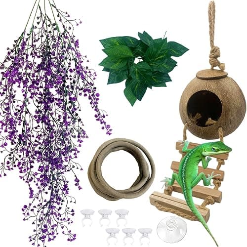 MUYG Crested Gecko Coconut Hut with Ladder,Bearded Dragon Coco Den Reptile Shell Hideout Husk Hut Climbing Plants Leaves Tank Accessories for Lizard Chameleon Snakes - Image 1