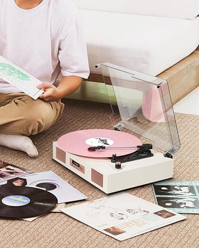 Vinyl Record Player Vintage Wireless Bluetooth Record Player with Stereo Speakers, USB/TF Card Recording, LP Player with 3 Speed Belt Drive Turntable Support RCA Line-Out AUX Input EQ,White& Rose Gold thumbnail 8