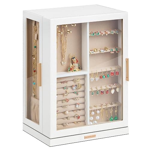 Glimmloop 360° Rotating Jewelry Box with 7 Drawers, Spacious Vertical Jewelry Organizer with Glass Window, Jewelry Storage Case, Dustproof & Moisture-resistant Design, White thumbnail 9