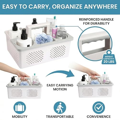 KMV Dorm Room Portable Shower Caddy with Adjustable Compartments - Ventilated Drainage Design with Handles, Perfect Toiletries Organizer for College Dorms-white thumbnail 5