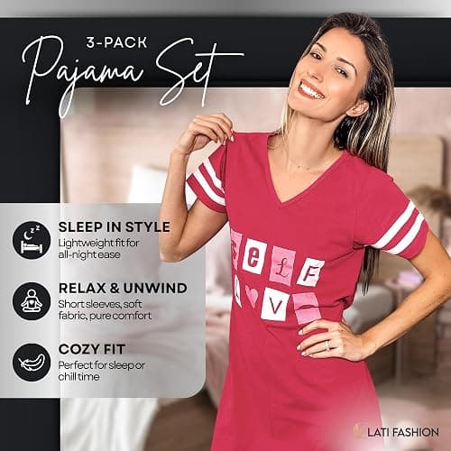 Lati Fashion 3 Pack Nightgowns For Women Soft Cotton Short Sleeve Sleepshirt Casual Sleepwear Nightdress Size S-3X thumbnail 2