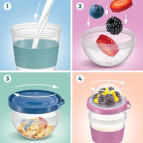 Tribello 4 Pack - On the Go Yogurt Parfait Cups with Lids, Topping Compartment & Spoon, Yogurt/Parfait Cups for Breakfast Meal Prep, Reusable Leak Proof Container - BPA Free - 20oz - Colorfull thumbnail 5