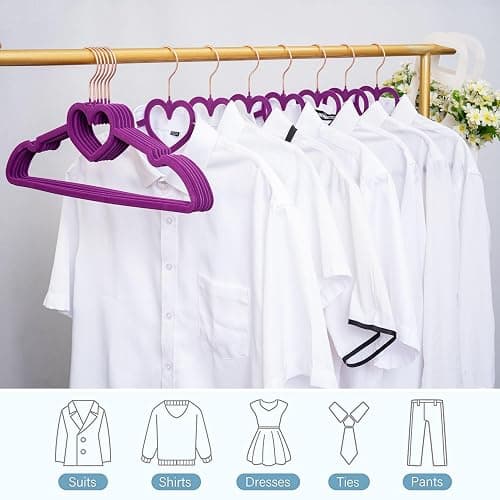JIUXCF Dark Purple Velvet Hangers 50 Pack, Premium Heart Hanger Non-Slip Felt Hanger, 360° Swivel Rose Gold Hooks, Space Saving Slim Hangar, Durable & Cute Clothes Hanger for Adult thumbnail 3