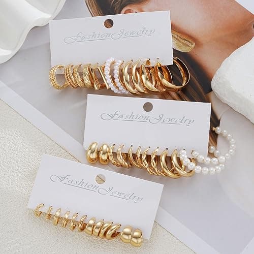 Gold Hoop Earrings Set for Women, 18 Pairs Hypoallergenic Statement Open Pearl Hoops Earring for Multipack, Gold Chunky Hoop Earrings for Women Trendy Jewelry thumbnail 9