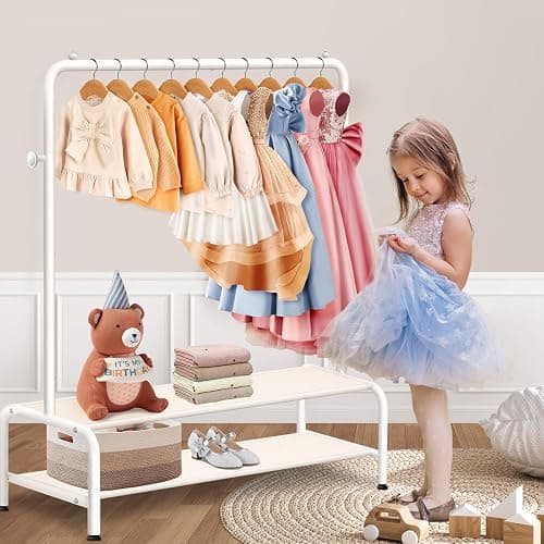 Kids Clothing Rack - Dress Up Clothes Rack - Baby Toddler Closet - Mini Freestanding Coat Racks with 2 Fabric Shelves - Small Kids Costume Wardrobe - Garment Rack for Hanging Clothes Organizer thumbnail 2