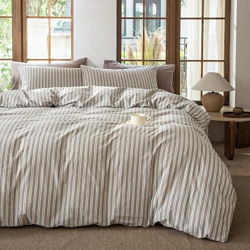 BESTDESIL Striped Duvet Cover Set, 100% Washed Cotton Bedding King Size, Stripes Pattern Printed Comforter Cover with Zipper Closure(Linen Grey,King Size) - Image 1