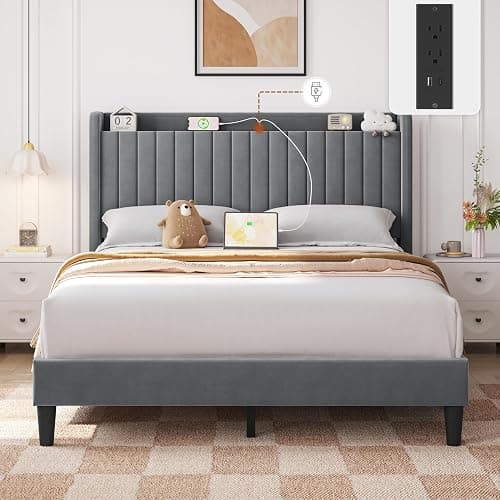 Yaheetech Queen Bed Frame with USB Charging Station and Storage Shelf/Upholstered Headboard Platform Bed with Wing Side/Wooden Slats Support/Noise Free/No Box Spring Needed/Easy Assembly, Light Grey thumbnail 8