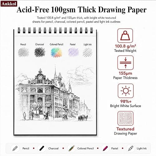 Ankkol Sketch Book 9x12, Top Spiral Bound Sketchbook,100 Sheets_68lb/100gsm | Art Sketch Pad for Kids, Adults, Beginners, Artists, Acid-Free Sketch Paper, Thick Drawing Paper, Hardcover, Perforated Pages thumbnail 3