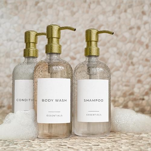 Stylish Shampoo and Conditioner Dispenser Set of 3 - Modern 21oz Shower Soap Bottles with Pump and Labels - Easy to Refill Body Wash Dispensers for an Instant Bathroom Decor Upgrade Clear thumbnail 6
