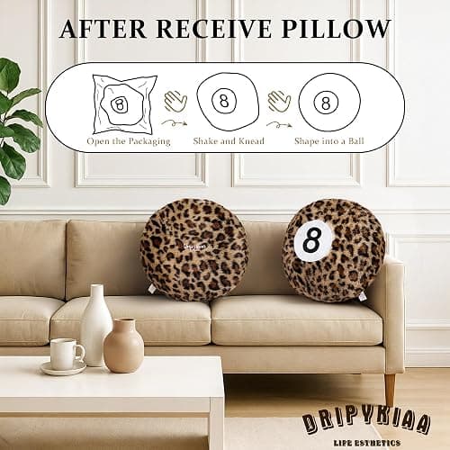 Dripykiaa Cheetah 8 Ball Throw Pillow, 14" Leopard Print 8 Ball Pillow Round Plush Decorative Cushion, Soft Trendy Throw Pillow for Bedroom & Living Room, Modern Aesthetic Home Decor for Women & Teens thumbnail 3