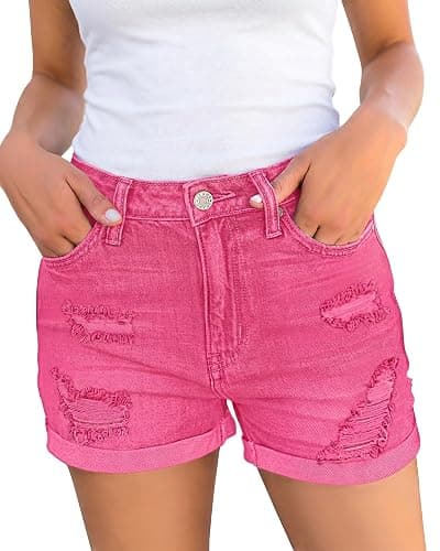luvamia Women's Ripped High Waisted Denim Shorts Stretchy Cuffed Hem Jean Shorts - Image 1