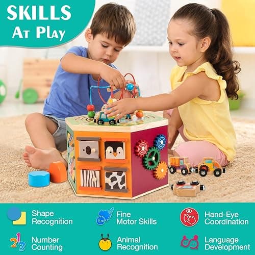 Large Activity Cube, 9-in-1 Farm-Themed Wooden Play Center, Multipurpose Montessori Toy for 1-2 Year Old Baby Toddler Kid, First Birthday Gift | Bonus Magnetic Train Cars thumbnail 5