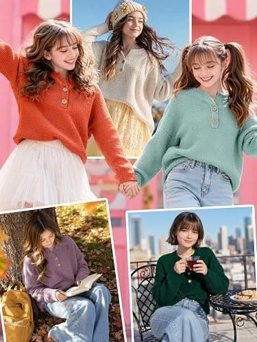 Girls Winter Sweaters 2026 Fashion Teen Tops Henley Kids V Neck Long Sleeve Loose Shirts Fall Warm Clothes thumbnail 5