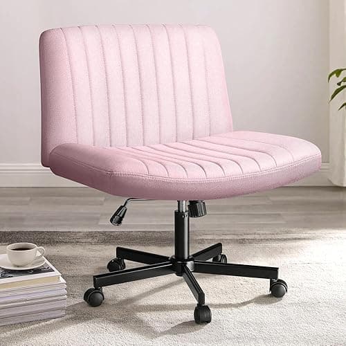 PUKAMI Criss Cross Chair with Wheels,Fabric Padded Armless Cross Legged Office Desk Chair for Home Office,Modern Swivel Height Adjustable Wide Seat Computer Task Vanity Chair(Pink) - Image 1
