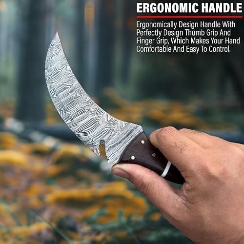 RC Damascus Hunting Knife with Leather Sheath | 9'’ EDC Knife for Men - WOODEN Handle | Full Tang Fixed Blade handmade Knives - it's a unique product for unique buyers. (Brown) thumbnail 5