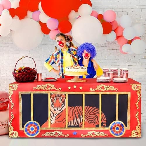 Jisfigtrh 6Ft Carnival Party Decorations Circus Animal Cage Tablecloth Tiger Lion Patterns Carnival Cage Washable Polyester Rectangular Table Cover for Boy Girl Birthday Baby Showers Party Supplies thumbnail 5