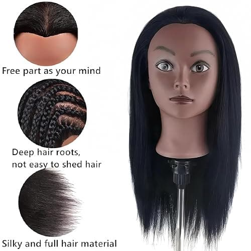 Yiifiulyn Black Mannequin Head with Hair for Braiding, Cosmetology Training Doll Head for Styling Practice - 21 Inches Layered Pre-streched Hair Manneuiqn Head with Stand thumbnail 4