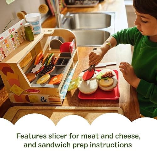 Melissa & Doug Slice-Stack-Serve, Wooden Sandwich Counter Pretend Play Store with Play Food Toys, Play Money & Deli Slicer, Preschool Toys for Kids 3+ thumbnail 4