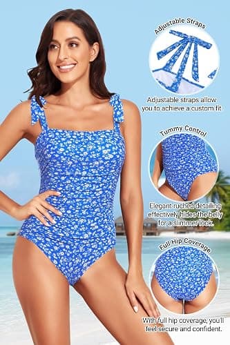 Tempt Me Women One Piece Swimsuits Ruched Slimming Bathing Suits Vintage Swimwear thumbnail 3