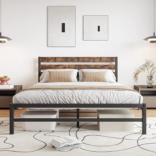 FHUKMZOI Brown Queen Size Bed Frame with Headboard, Rustic Vintage Heavy Duty Metal Bedframe, Platform Bed Support Mattress Foundation, No Box Spring Needed (Brown, Queen) - Image 1