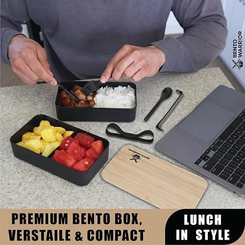 Bento Box Adult Lunch Box Set with Compartments – Stackable Dual-Layer Lunch Containers for Men & Women, Lightweight & Durable, Black Base & Wood Grain Lid, for Work, School, Travel, Meal & Prep thumbnail 5