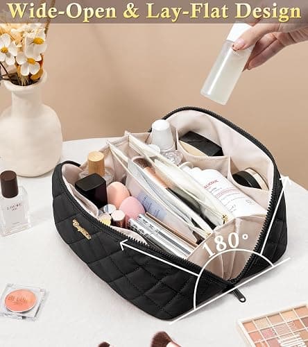 Travel Makeup Bag, 3 Pcs Large Capacity Puffy Toiletry Bag for Women, Open Flat Quilted Make up Cosmetic Organizer w/Handle & Clear Divider Water-resistant Portable Pouch Travel Essentials, L-Black thumbnail 5