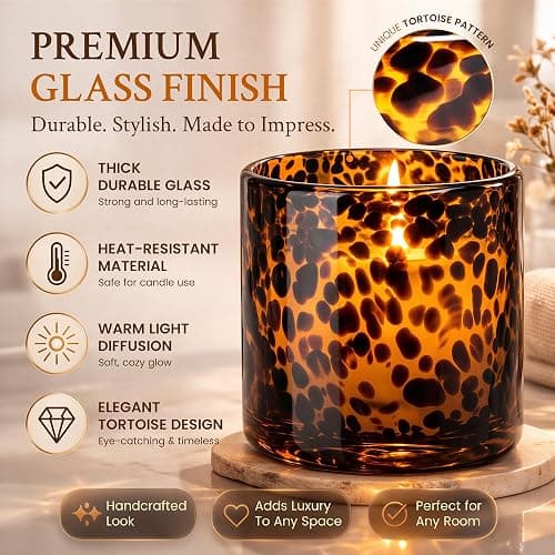 Tortoise Shell Candle Holder | Large Size 4.7" | Cheetah & Leopard Print Candle Holder | Large Amber Glass Votive for Vanity | Animal Pattern Glass Decor | Tea Light, Jar Candle & Vanity Accent thumbnail 4