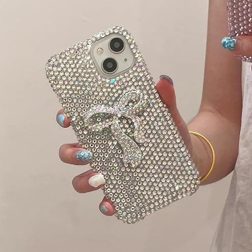 Threesee for iPhone 14 Bling Glitter Case,3D Cute Bow Diamond Women Girls Cover Luxury Shiny Sparkle Crystal Rhinestone Gems Bumper Phone Case for iPhone 14 6.1 inch - Image 1