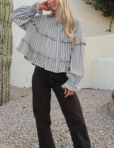 Tanming Womens Striped Button Down Shirts Ruffled Long Sleeve Stand Collar Shirt Dressy Casual Blouse Tops thumbnail 5