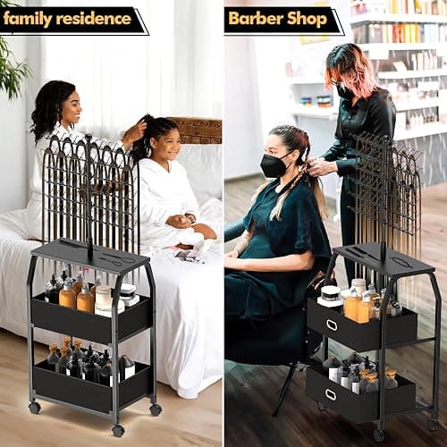 XINTUO Portable Braiding Hair Rack With Wheels & Storage Drawers,168 Pegs Hair Extension Holder Hanger for Braiding Hair Separator Stand Display,Hair rack with stylist hair braiding tools(black) thumbnail 4