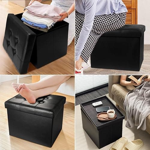 AmasSmile Storage Ottoman Folding Foot Rest Stool, Leather Footstool Bench, Short Ottoman Stool, Storage Foot Rest Store, Books (Black, 13" D x 17" W x 13" H) - Black 1 Pack - 13"D x 17"W x 13"H thumbnail 5