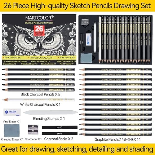 MARTCOLOR Drawing Sketching Pencil Set, 26 Pieces, Graphite Pencils (14B-4H), Charcoal Pencils, Charcoal Sticks, Blending Stump, Eraser, Sharpeners, Artist Pencils for Beginners & Pro Artists thumbnail 3