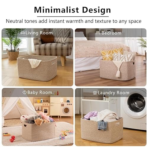 OIAHOMY 75L Large Woven Cotton Rope Storage Basket with Handle for Organizing Blanket and Toys for Living Room, Nursery, Brown Variegated 22”x17”x12” thumbnail 6
