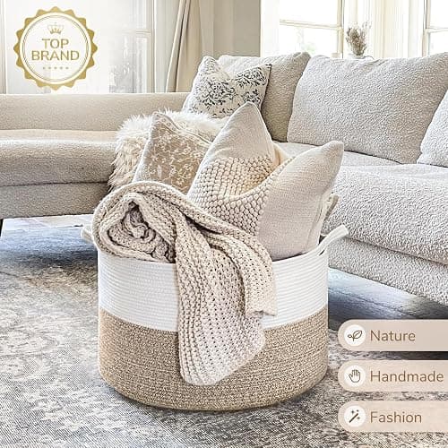 INDRESSME Large Laundry Basket, 21.7'' x 13.8'' Cotton Rope Blanket Basket Living Room Toy Baskets Storage Kids, Woven Baskets for Dirty Clothes, Pillows, Towel, 90L Light Brown thumbnail 2