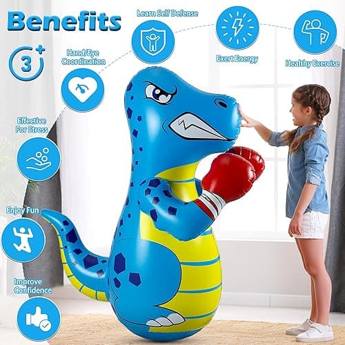 Kids Punching Bag 3-8 with Air Pump, Toddler Punching Bags for Kids, Inflatable Dinosaur Toy with Bounce- Back Action, Safe Gifts for Boys & Girls Age 3-5 Add Tossing Game thumbnail 7