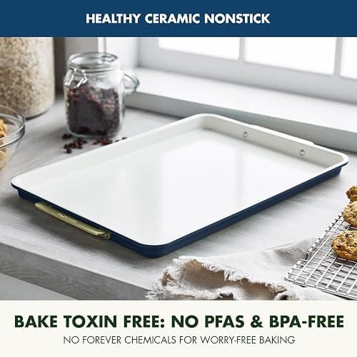 GreenPan Bakeware 13"x18" Half Baking Sheet Pan, Ceramic Nonstick Baking Pan, PFAS & BPA Free, Gold Handles, Durable Steel, Versatile & Space Saving Ovenware, Freezer to Oven Dish, Oxford Blue thumbnail 3