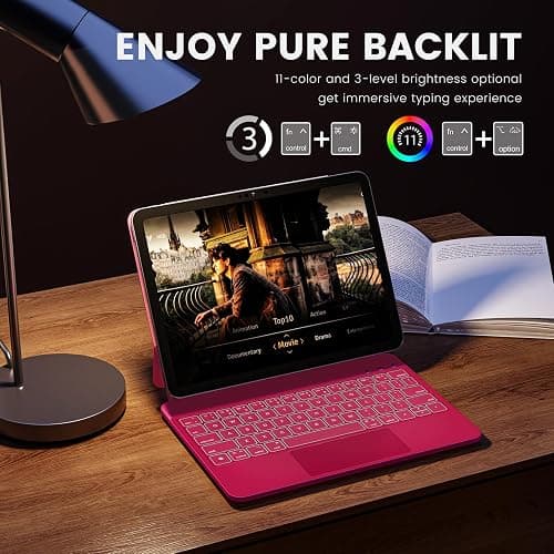 RAYMCRAFT for iPad 11th(A16, 2025)/10th Generation Case with Keyboard, Magic Keyboard 2022, Springy Backlit Keys, Stain-Resistant Surface, Multi-Touch Trackpad, Azalea Red thumbnail 4