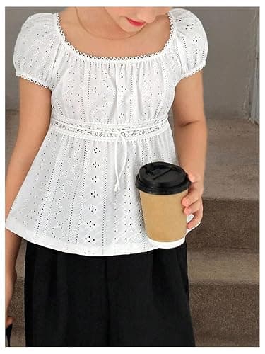 SOLY HUX Girl's Summer Cute Tops Peplum Babydoll Top Eyelet Blouses | Square Neck, Lace, Short Sleeve T-Shirts for Girls thumbnail 4