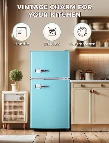 Anypro 3.2 Cu.Ft Refrigerator, Retro Double Door Fridge with Freezer, 7 Adjustable Temperature Settings, Removable Glass Shelves for Dorm, Office, Bedroom, Apartment, Blue thumbnail 2