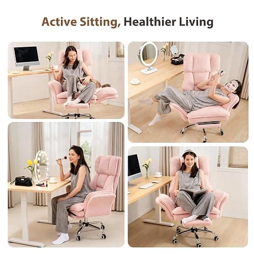 Big and Tall Office Chair, Flip Armrests for Pets & Cross Legged Sitting, Executive Ergonomic Computer Gaming Chair with Foot Rest, Teddy Fleece Wide Seat Reclining Desk Chair, Pink thumbnail 4