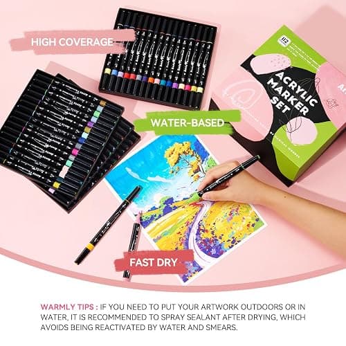 Arrtx Paint Markers Paint Pens, 112 Colors Acrylic Paint Pens Dual-Tip for Rock Painting, Ceramic, Wood, Plastic, Scrapbooking, Brush Lettering, Card Making, DIY Crafts (Fine Tip and Brush Tip) thumbnail 6