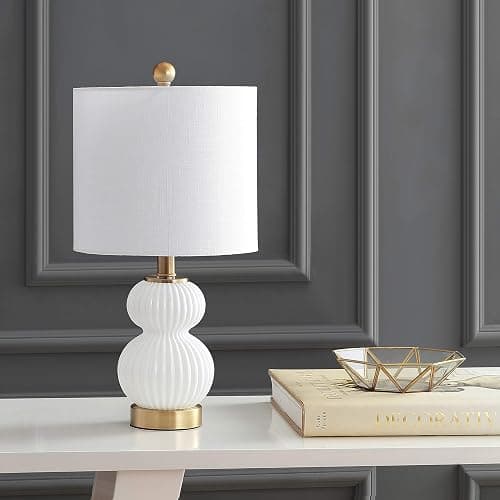 JONATHAN Y 20" White/Brass Gold Ribbed Gourd Glass Table Lamp, Modern Bedside Lamp for Bedroom Living Room, White Linen Drum Shade, LED Bulb Included JYL1099A thumbnail 9