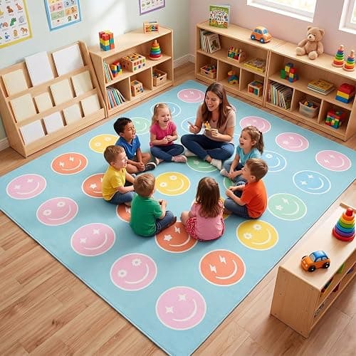 Maasechs 8 x 10ft Circle Time Classroom Rug Smile Face Pastel Emotional Feeling Sensory Corner Items Teacher Rug Educational Soft Fluffy Carpet Floor Mat for Nursery Homeschool Playroom Elementary thumbnail 5