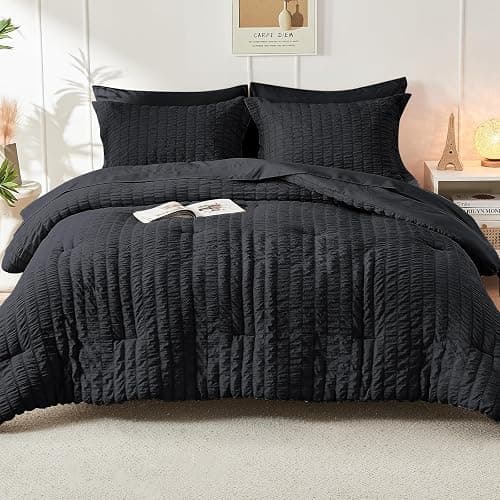 HYMOKEGE Black Full Size Comforter Sets Seersucker 7 Pieces, All Season Luxury Bed in a Bag for Bedroom, Bedding Set with Comforters, Sheets, Pillowcases & Shams thumbnail 9